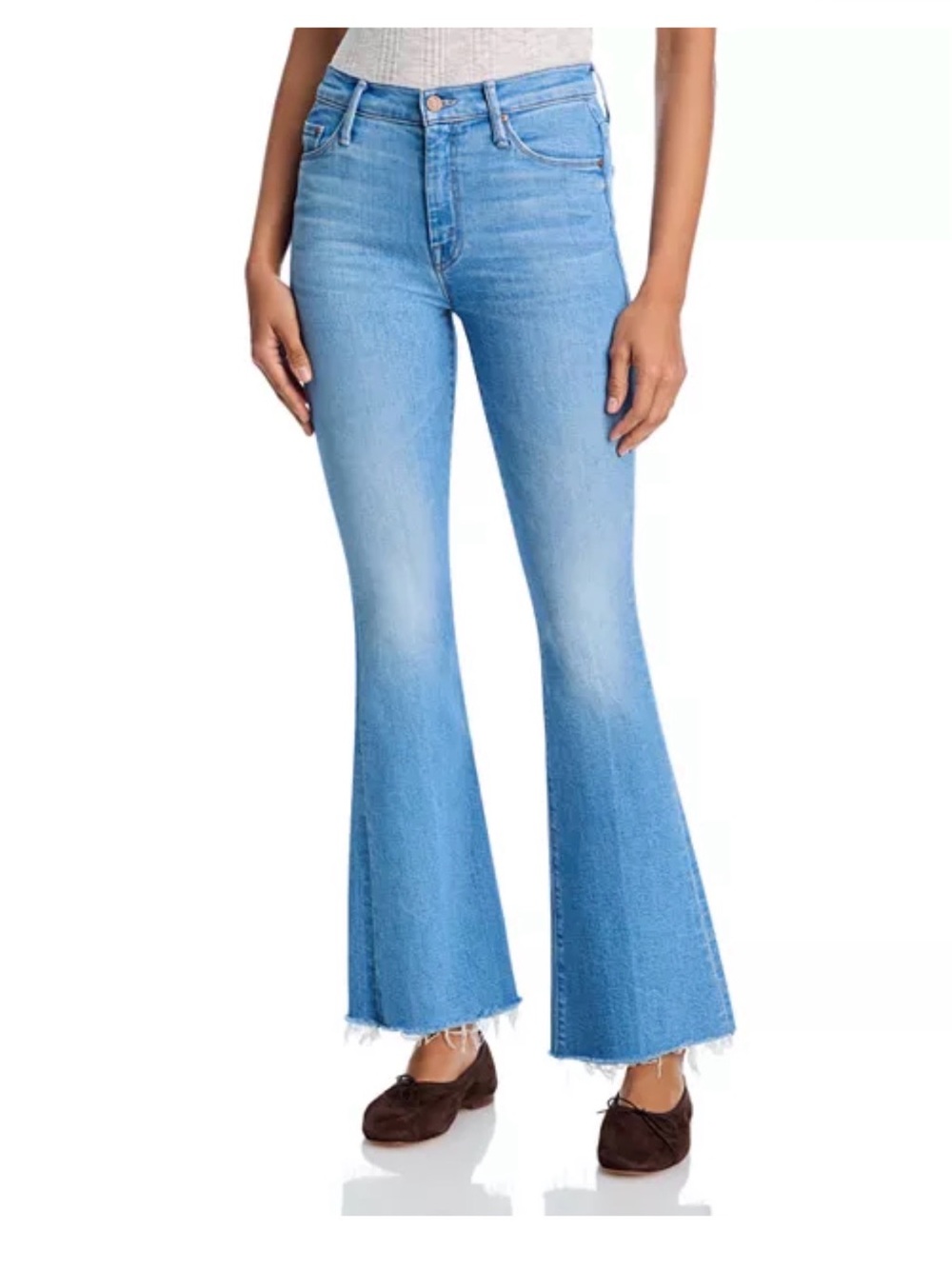 Mothers The Weekender Fray Mid Rise Flare Leg Jeans in a groovy kind of love